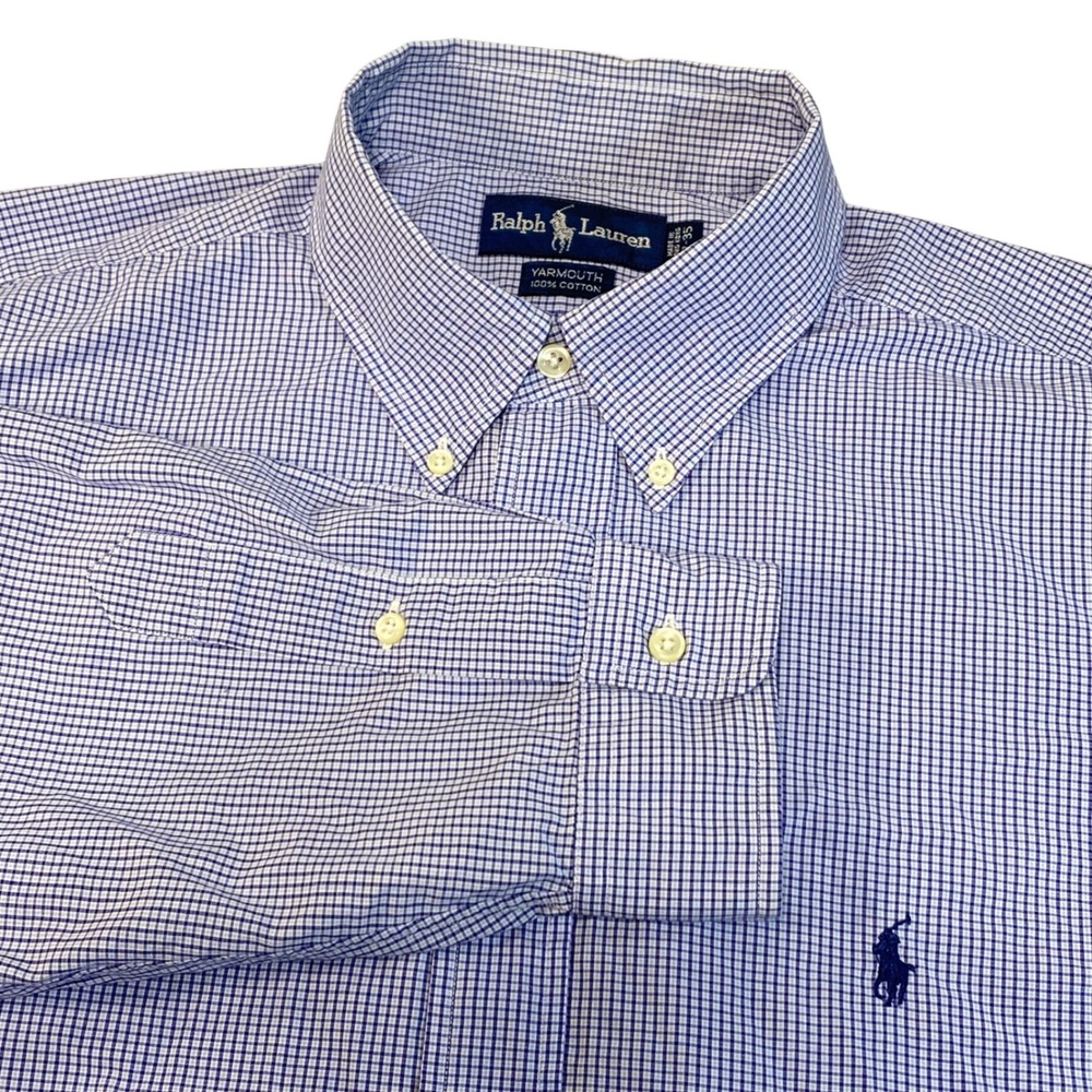 Ralph Lauren Yarmouth Mens 17 35 Blue White Gingham Check Button Down Shirt